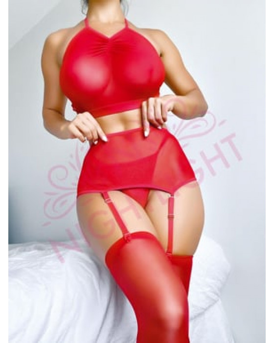 Arkası Çapraz Bağlamalı Fantazi Kırmızı Jartiyer Takım Nightlight 1031